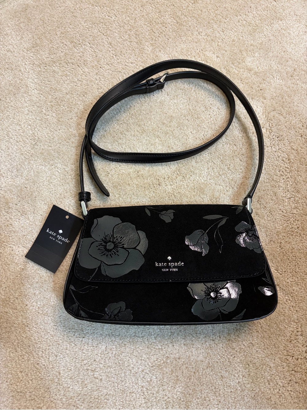 kate spade Black Sutton Floral Suede Mini Crossbody Bag MSRP $319